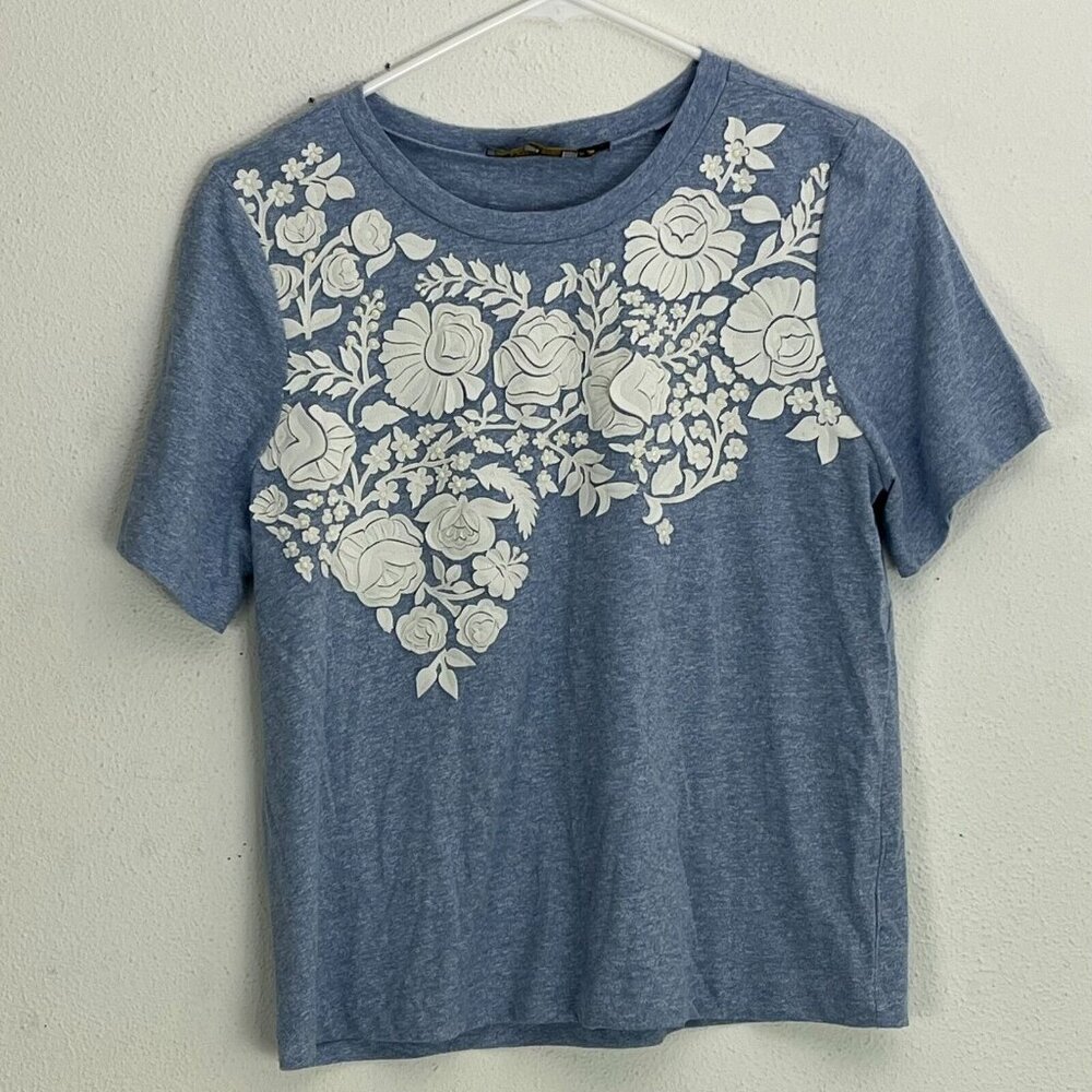 Pankaj & Nidhi Anthropologie Blanche Blue Floral Applique Embroidered Top Casual